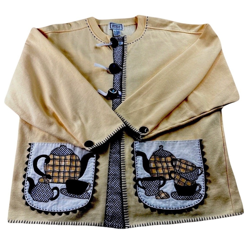 Jennifer Moore‎ Cardigan Jacket Large Teapot Appliqué Cottagecore Size L